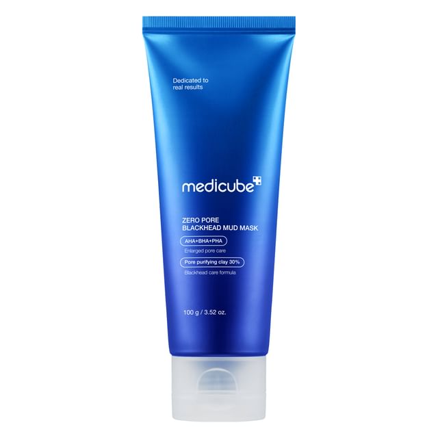 Blue tube of Medicube Zero Pore Blackhead Mud Mask on a white background